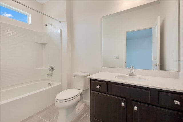 full bathroom with oversized vanity, toilet, tile floors, and bathtub / shower combination