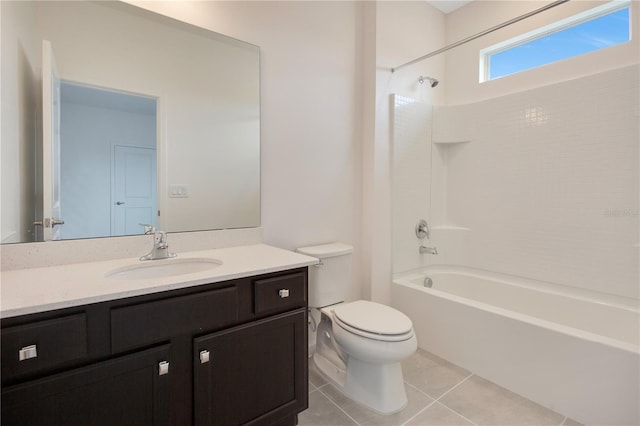 full bathroom featuring tile flooring, large vanity, shower / bathing tub combination, and toilet