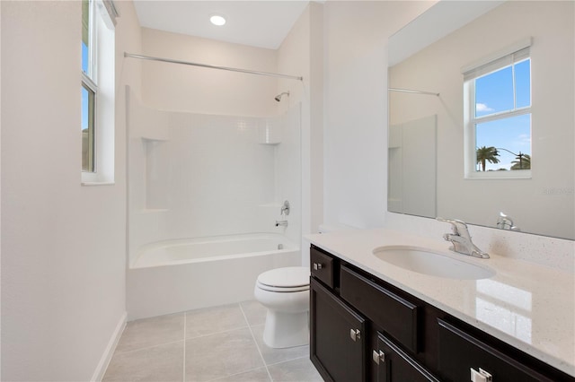 full bathroom with shower / bath combination, vanity, tile floors, and toilet