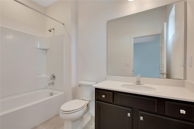 full bathroom featuring  shower combination, toilet, vanity, and tile flooring