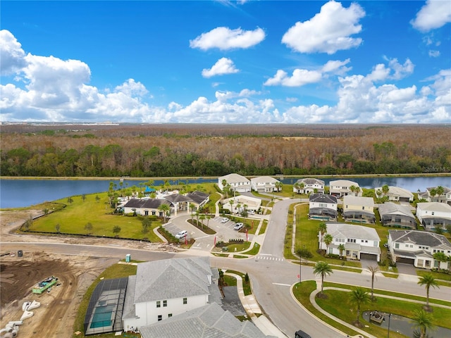 bird's eye view with a water view