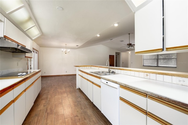 kitchen with sink, dark hardwood / wood-style flooring, white cabinets, white dishwasher, and ceiling fan with notable chandelier