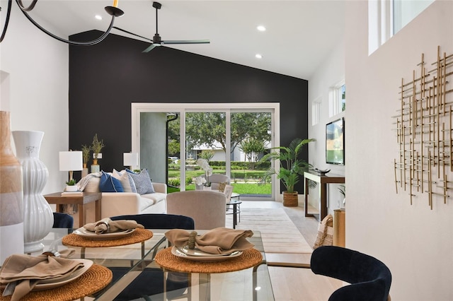 interior space with high vaulted ceiling and ceiling fan