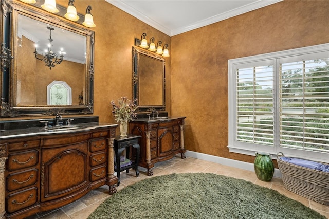 bathroom with vanity, tile floors, a chandelier, and ornamental molding