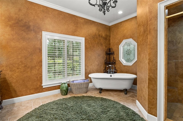 bathroom featuring an inviting chandelier, a tub, tile flooring, and crown molding