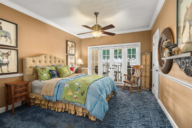 bedroom featuring access to exterior, ceiling fan, french doors, ornamental molding, and dark colored carpet