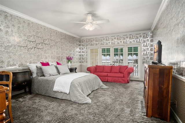 bedroom with dark colored carpet, ornamental molding, and ceiling fan