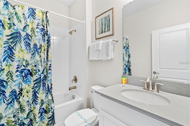 full bathroom featuring shower / bath combination with curtain, toilet, and vanity