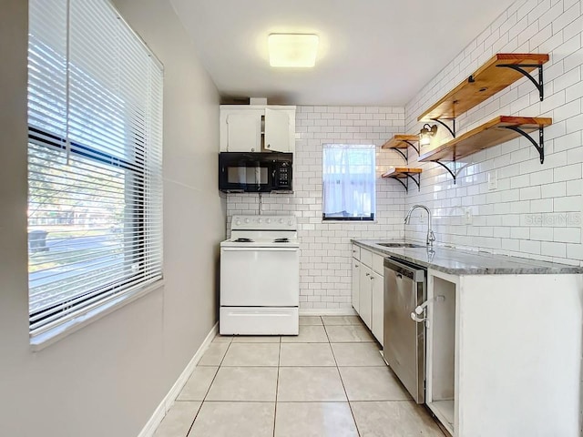 kitchen featuring sink, electric range, dishwasher, a wealth of natural light, and white cabinetry