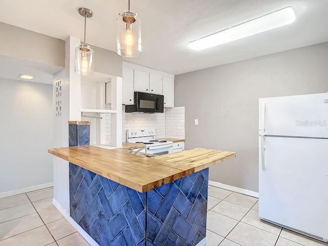 kitchen featuring white appliances, white cabinets, backsplash, wooden counters, and light tile flooring