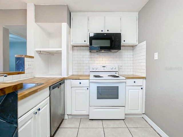 kitchen featuring white range with electric stovetop, light tile flooring, tasteful backsplash, white cabinets, and dishwasher