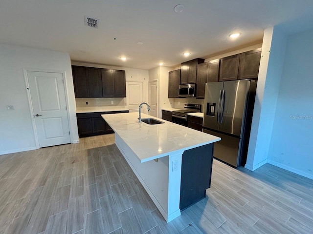 kitchen featuring a kitchen island with sink, sink, dark brown cabinets, and stainless steel appliances