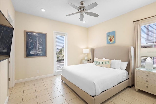 bedroom featuring ceiling fan and light tile flooring