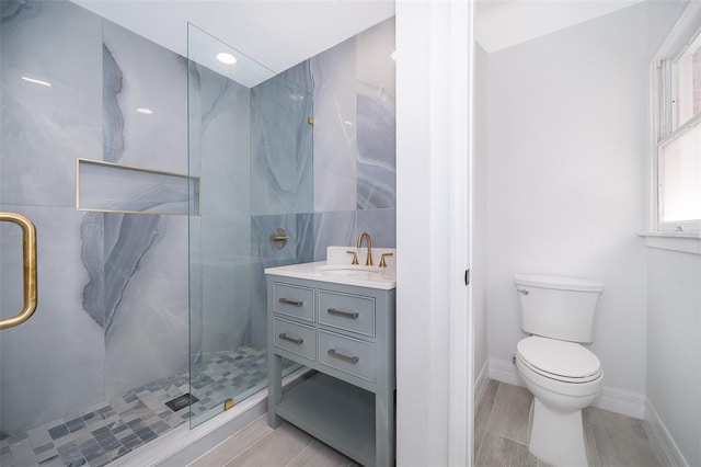 bathroom with vanity, a shower with shower door, and toilet