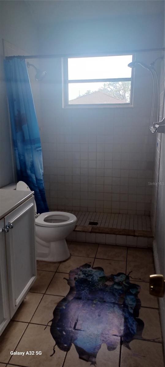 bathroom featuring a healthy amount of sunlight, toilet, curtained shower, and vanity