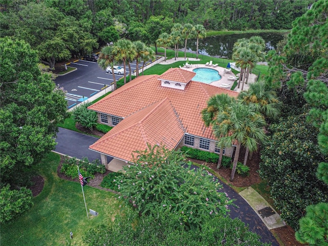 drone / aerial view with a water view