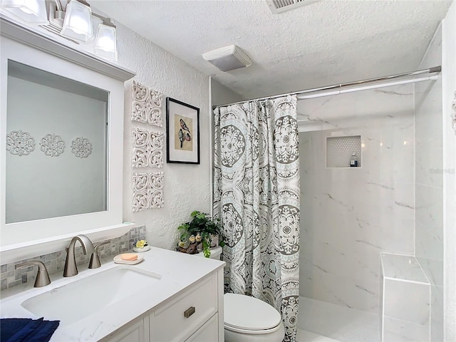 bathroom featuring walk in shower, toilet, a textured ceiling, vanity, and decorative backsplash