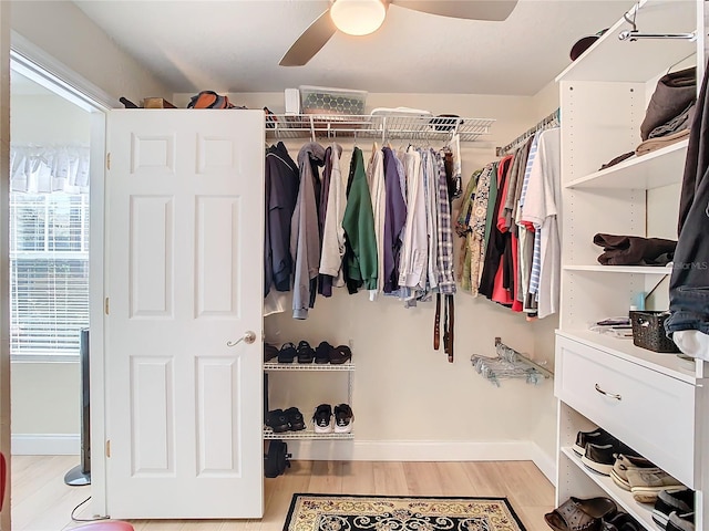 walk in closet with light hardwood / wood-style flooring and ceiling fan