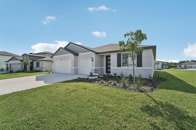 single story home with a front yard and a garage