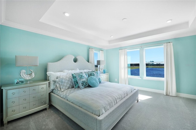 bedroom with dark carpet and a tray ceiling