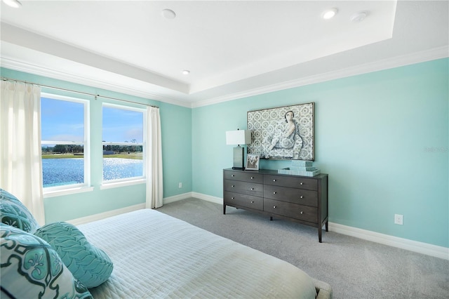 bedroom with light colored carpet, a raised ceiling, and ornamental molding