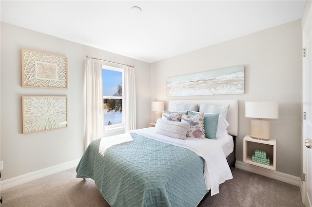 bedroom featuring dark colored carpet