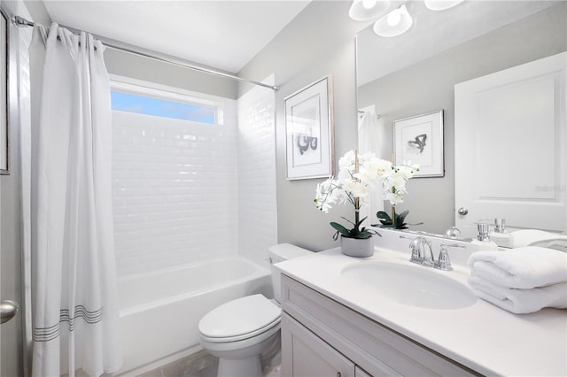 full bathroom featuring shower / tub combo, vanity, tile flooring, and toilet