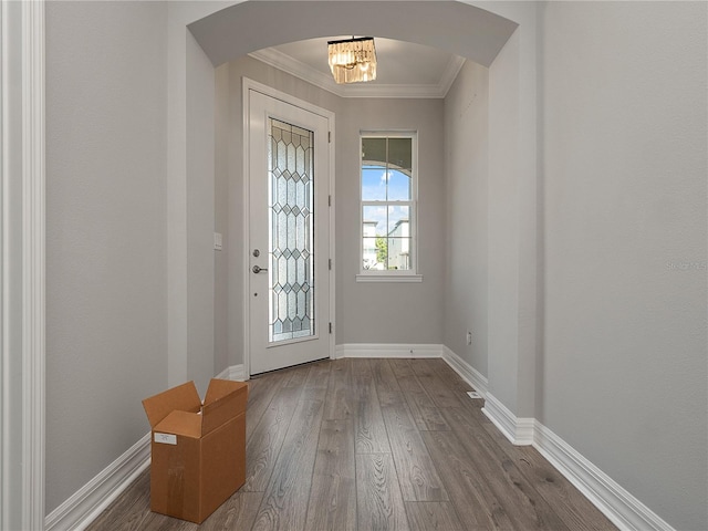 entryway featuring dark wood-type flooring and ornamental molding