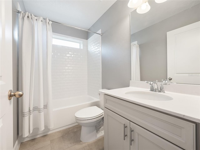 full bathroom featuring shower / tub combo, tile flooring, large vanity, and toilet