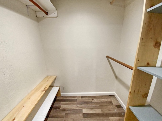 walk in closet with dark wood-type flooring