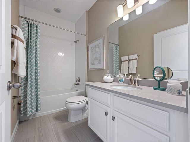 full bathroom with toilet, shower / bath combo, tile floors, and oversized vanity