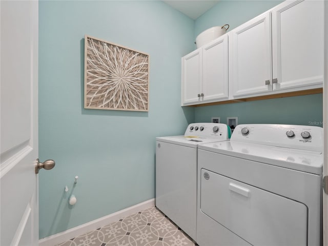 laundry room featuring hookup for a washing machine, cabinets, independent washer and dryer, and light tile floors