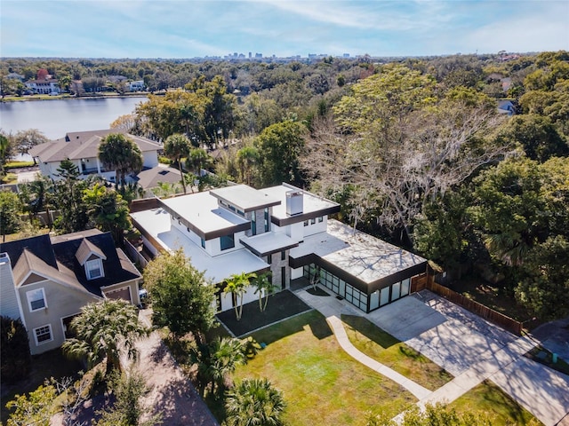 aerial view featuring a water view