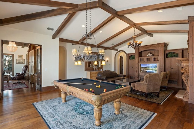 game room with high vaulted ceiling, beamed ceiling, pool table, dark wood-type flooring, and an inviting chandelier