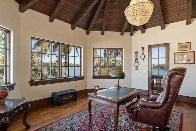 sitting room with a healthy amount of sunlight, a chandelier, wooden ceiling, dark wood-type flooring, and a water view