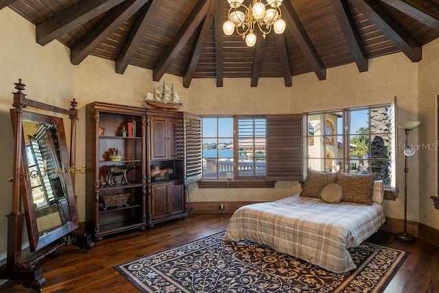 bedroom with a notable chandelier, beam ceiling, dark hardwood / wood-style floors, and wooden ceiling