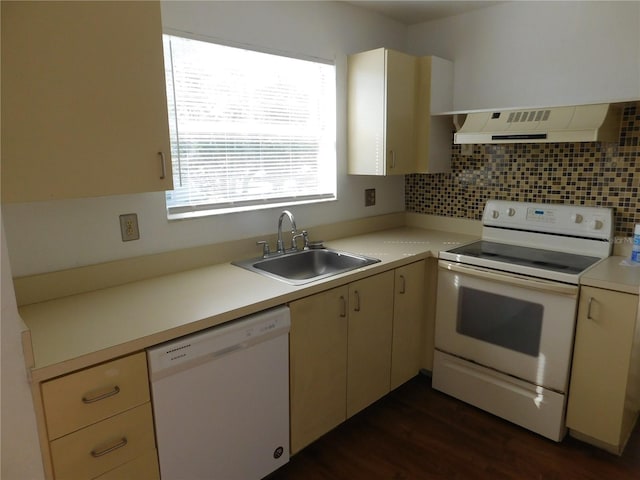 kitchen featuring custom exhaust hood, white appliances, sink, backsplash, and dark hardwood / wood-style flooring