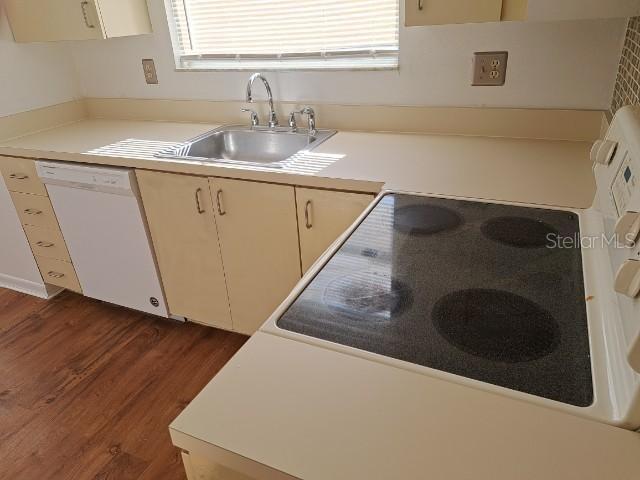 kitchen featuring white dishwasher, dark hardwood / wood-style flooring, and sink