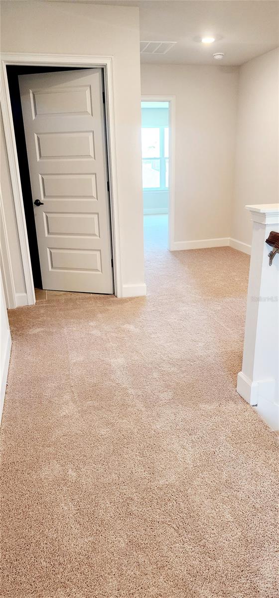 hallway with light colored carpet