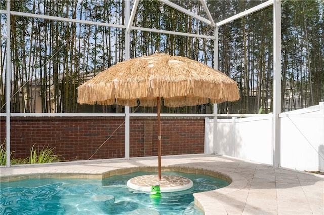 view of swimming pool featuring a patio area and a lanai