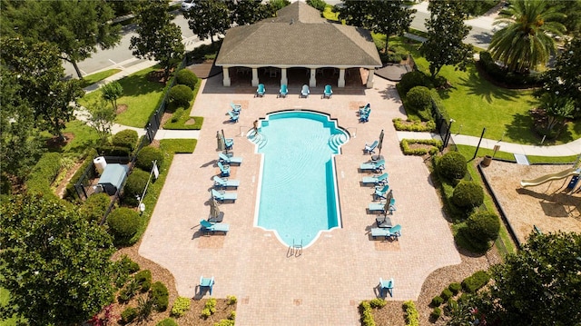 view of swimming pool featuring a patio area and a gazebo