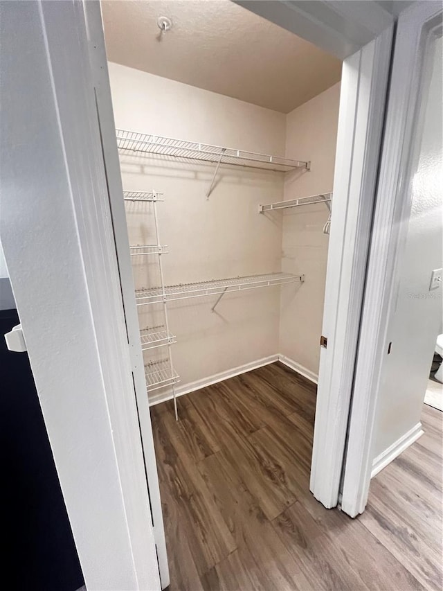 walk in closet with wood finished floors