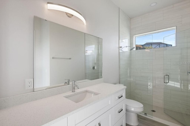 bathroom with vanity, a shower with door, and toilet