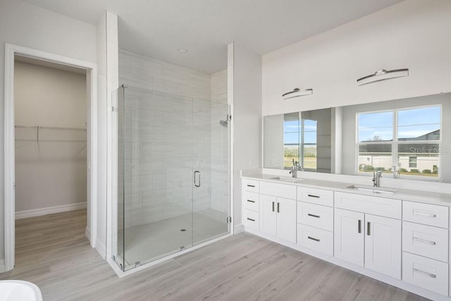 bathroom with vanity, hardwood / wood-style floors, and a shower with shower door