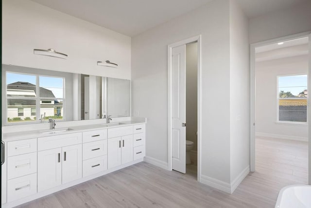 bathroom featuring vanity, a tub to relax in, hardwood / wood-style flooring, and toilet