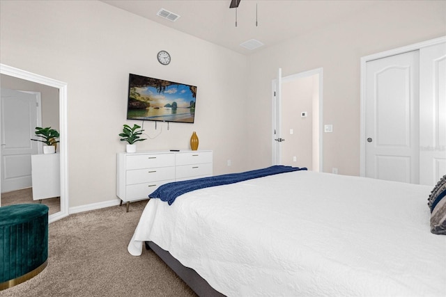 bedroom with light carpet, a closet, and ceiling fan