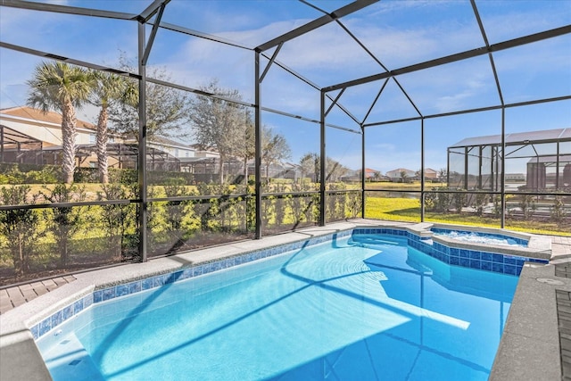 view of swimming pool featuring an in ground hot tub and glass enclosure