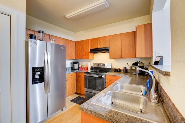 kitchen featuring stainless steel appliances, sink, and light hardwood / wood-style flooring