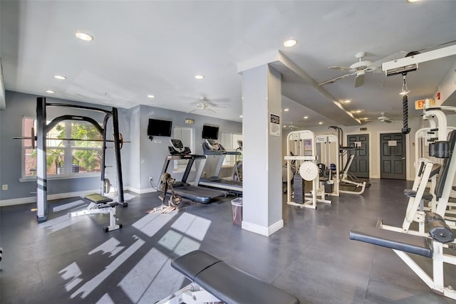 gym featuring ceiling fan