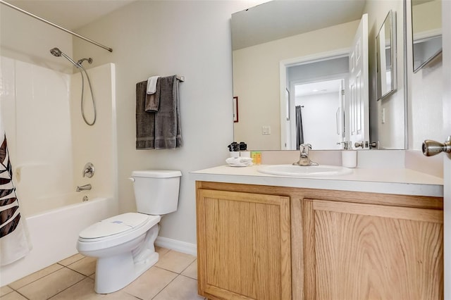 full bathroom featuring toilet, tile floors, shower / tub combo with curtain, and vanity with extensive cabinet space